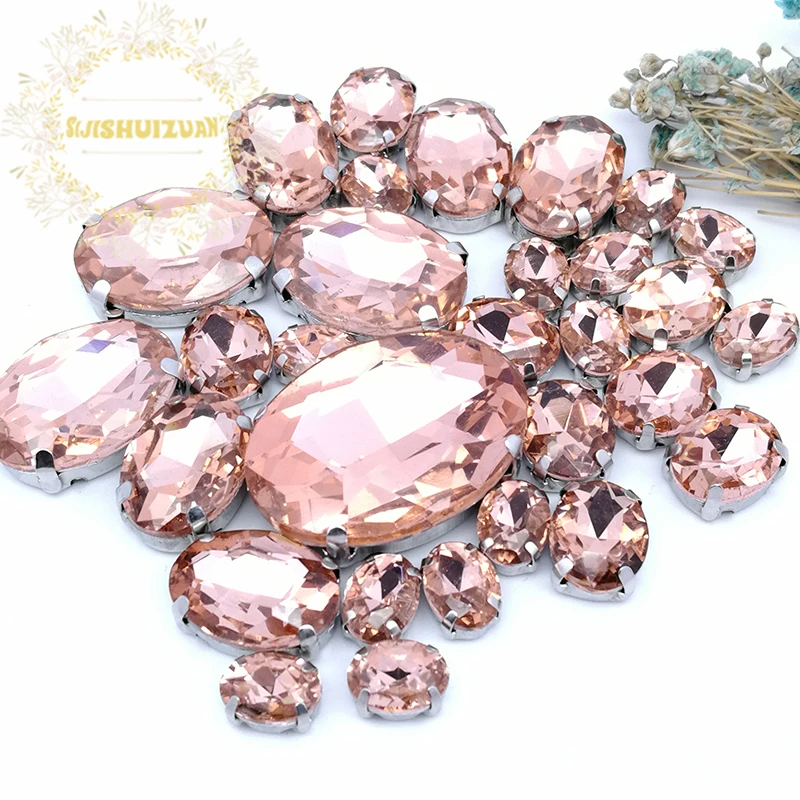 Silver claw setting 30pcs/bag Water red Oval shapes mix clear glass crystal sew on rhinestone wedding dress shoes bag diy trim
