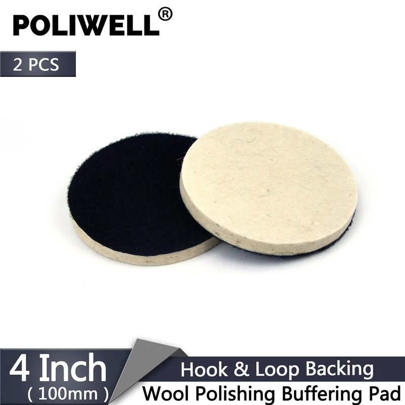 

POLIWELL 2PCS 4 Inch 100mm Wool Polishing Pad Hook & Loop Backing Grinding Polishing Wheel Disc for Car Beauty Drill Rotary Tool