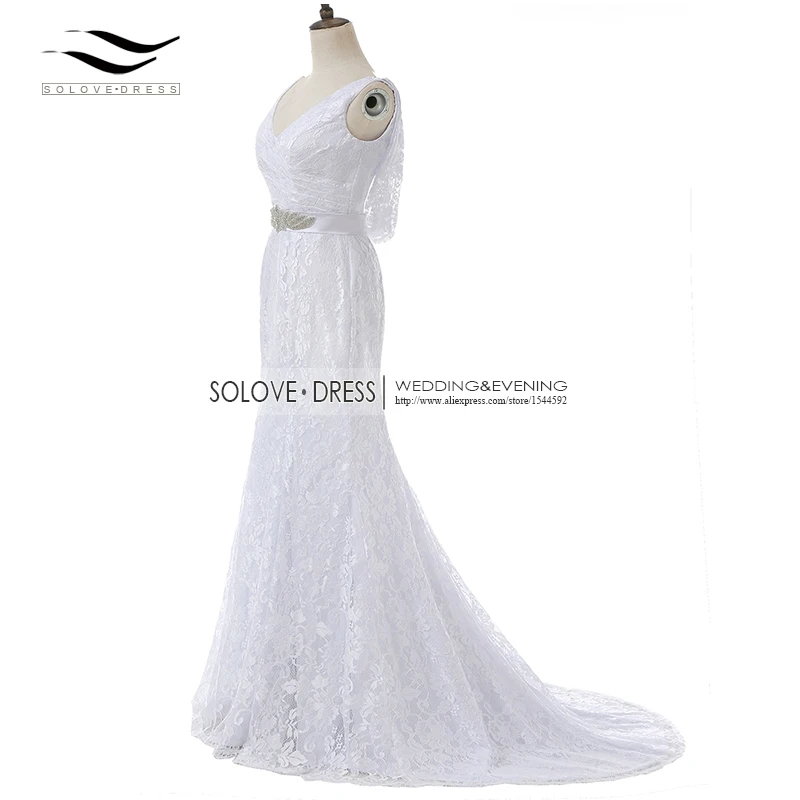 Solovedress pleat v 목 인어 공주 웨딩 드레스 2019 우아한 레이스 비치 신부 가운 vestido de noiva chaple train SLD-W81