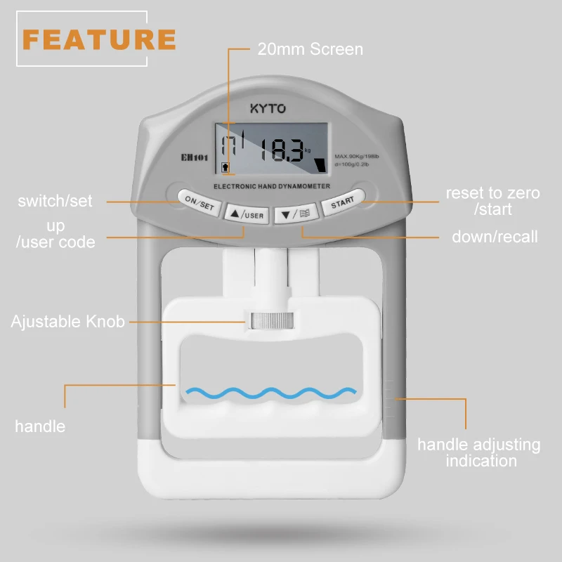 KYTO Digital Hand Dynamometer Grip Strength Measurement Meter Auto Capturing Hand Grip Power 200 Lbs / 90 Kgs