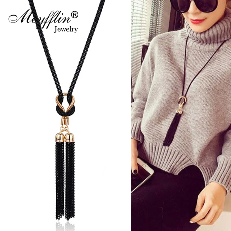 Meyfflin Fashion Tassel Choker Necklace Jewelry Black Chain Long Necklaces for Women Collier Femme Maxi Statement Koyle Bijoux