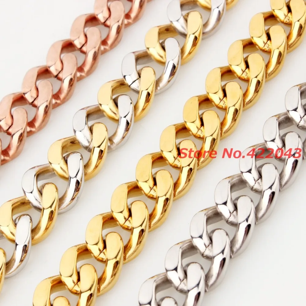 

7"-40" Mens Stainless Steel 15mm Silver/Gold/Silver Gold/Black/Rose Gold color Cuban Chain Necklaces Jewelry