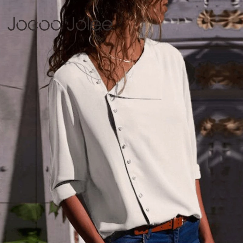 Jocoo jolee mulheres manga longa chiffon blusas e topos 2023 moda inclinação colar botão voar camisas de escritório casual blusas