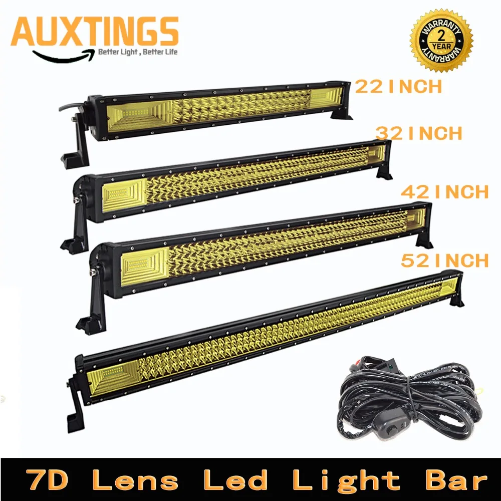 7D 3 Row Yellow Led 4x4 Offroad Light Bar For Off Road 4WD Trucks SUV ATV Trailer Combo Beams Amber Work Driving Lights Fog Lamp