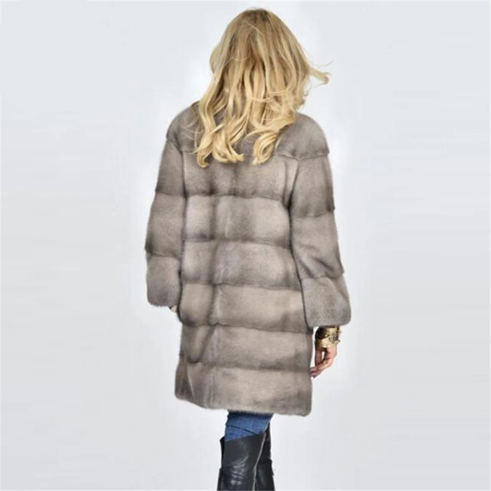 TOPFUR Winter Real Mink Fur Coat Women Natural Real Mink Fur Medium Coats Thick Warm Full Sleeves Coat Mandarin Collar Grey