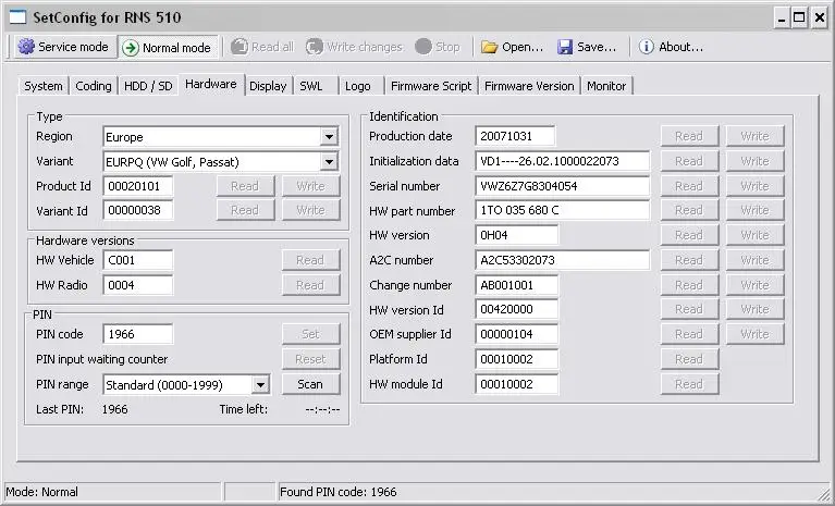 SetConfig 2.8.1 for RNS Identify the Troublesome Units Change the PIN Code Erase the NAND Memory Obd2 Scanner