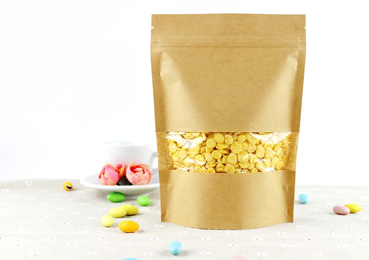 10*15+3 500pcs brown self zip lock kraft paper bags with window for gifts sweets and candy food tea jewelry retail package paper