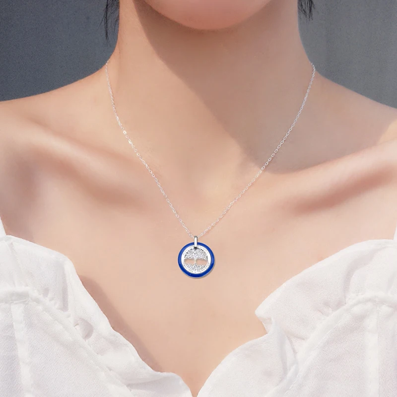 2019 New Fashion Blue Ceramic Jewelry Set Simple Vintage Party Stainless Steel Hollow Life Tree Ceramic Necklace&Ring For Women