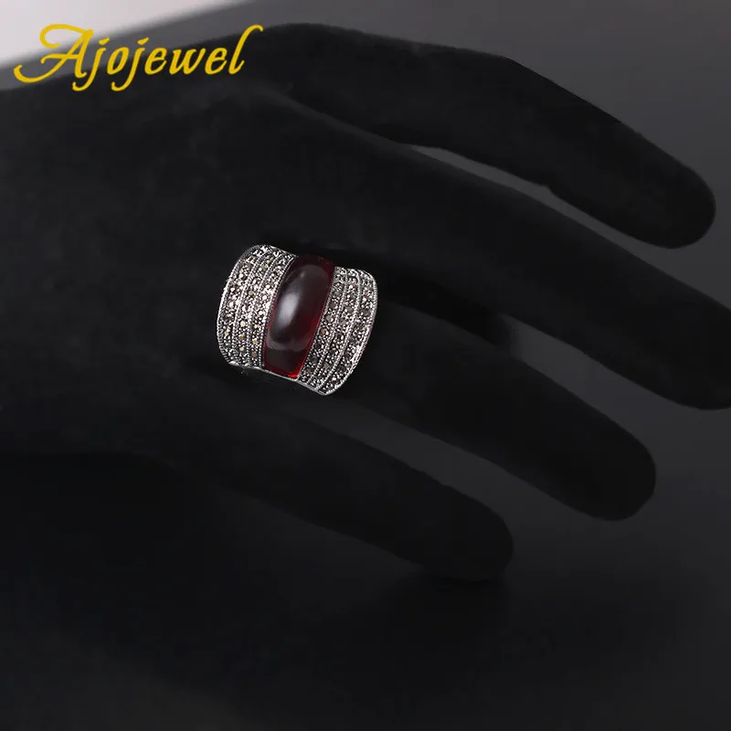 Ajojewel Geometric Vintage Ring With Red Stone For Women Black Rhinestone Finger Jewelry Bijou Trend 2024