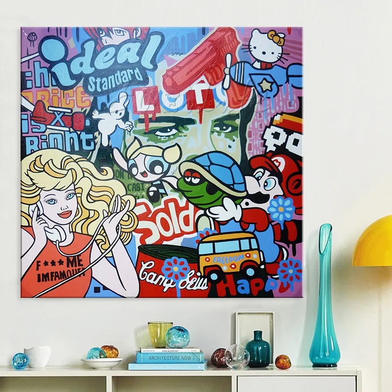 Alce Monopoly Pop Art Graffiti Cartoon Oil Painting On Canvas Hand-Painted Wall Art Picture For Living Room,Street Art For Decor