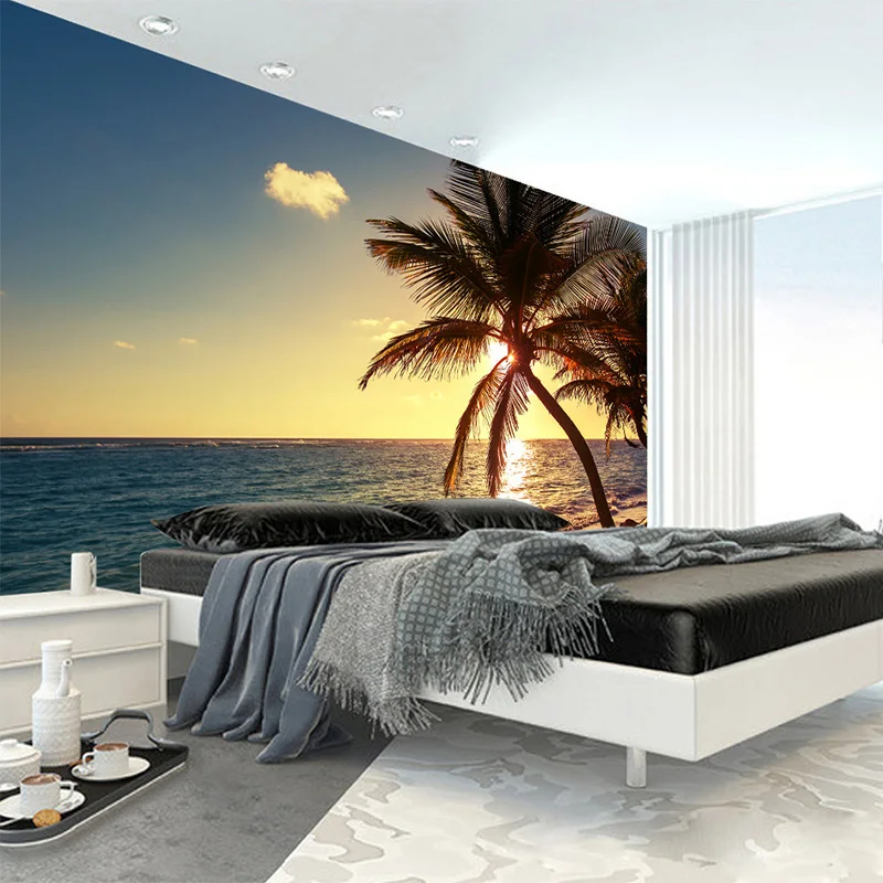Custom 3D Mural Photo Wallpaper Beach Sunset Coconut Palm Seaside Landscape Wall Painting Restaurant Cafe Home Decor Wall Papers