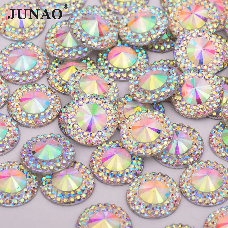 JUNAO 12 14 20 30 mm Glitter AB Flowers Rhinestones Flat Back Resin Strass Crystal Applique Round Stones For Decoration