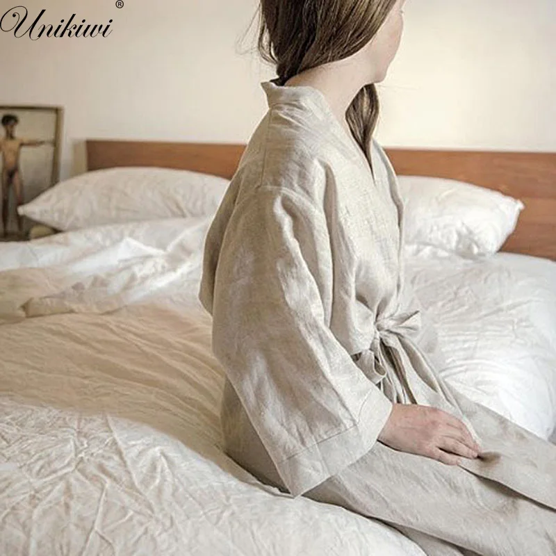 Women Sleepwear Robes Linen Pajamas.breathable Shower Spa Linen Robe Night Bathrobes Sleep Nightgown Robe Dressing Gown