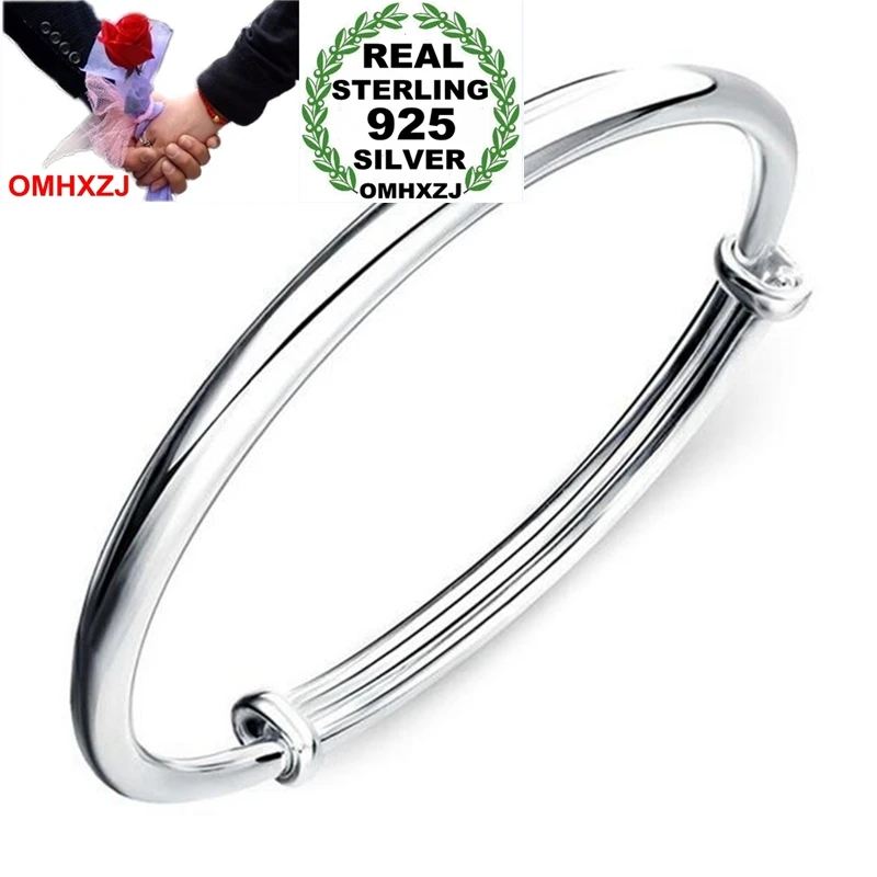 OMHXZJ Wholesale jewelry Round Glossy Chaise Woman Child Fashion Exquisite Bangles 925 Sterling Silver Bracelet Adjustable SZ52