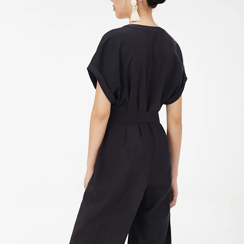 Longgar Kasual Jumpsuit 2019 Musim Panas Tombol Overall V Leher Lengan Pendek Wanita Playsuit Elegan Celana Kodok untuk Wanita 2019 DD2188