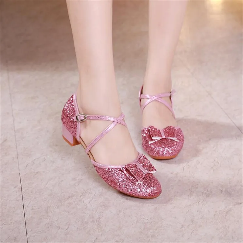 Zapatos de princesa con lentejuelas y tacón alto para niña, calzado de baile para estudiante, con fondo de piel, zapatos individuales de 4CM, talla