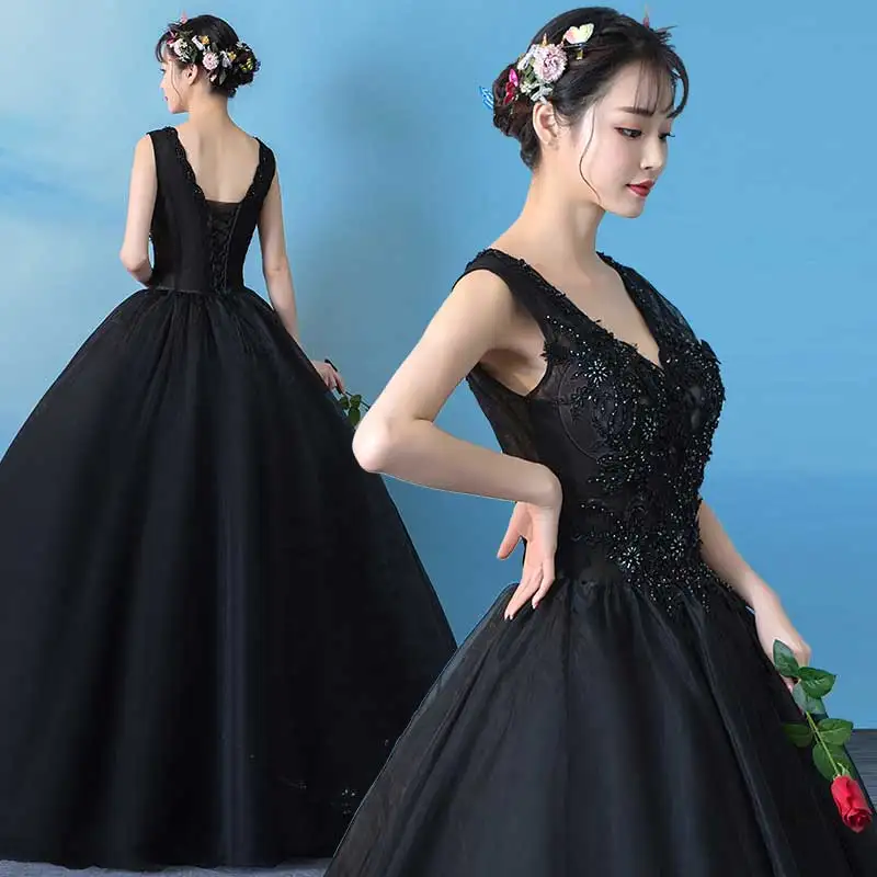 Vestidos de quinceañera negros con apliques de cuello en V, vestidos de baile de graduación, vestidos de quinceañera negros con cuentas, novedad de 2019