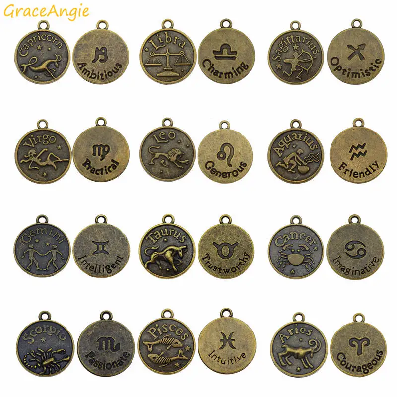 GraceAngie 12pcs/pack Antique Bronze Mixed zodiac Charms Double sided Pattern Zinc Alloy Necklace Bracelet Jewelry Making