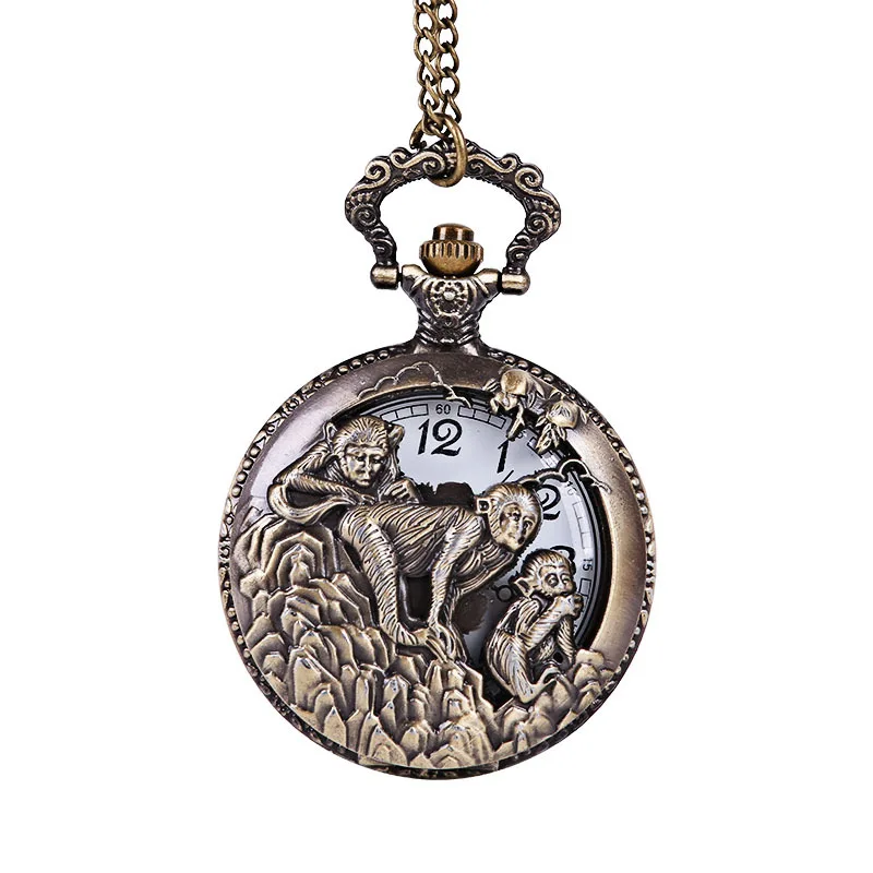 Large Retro Craved The Three Monkey Pick Peaches Bronze White Surface Pocket Watch