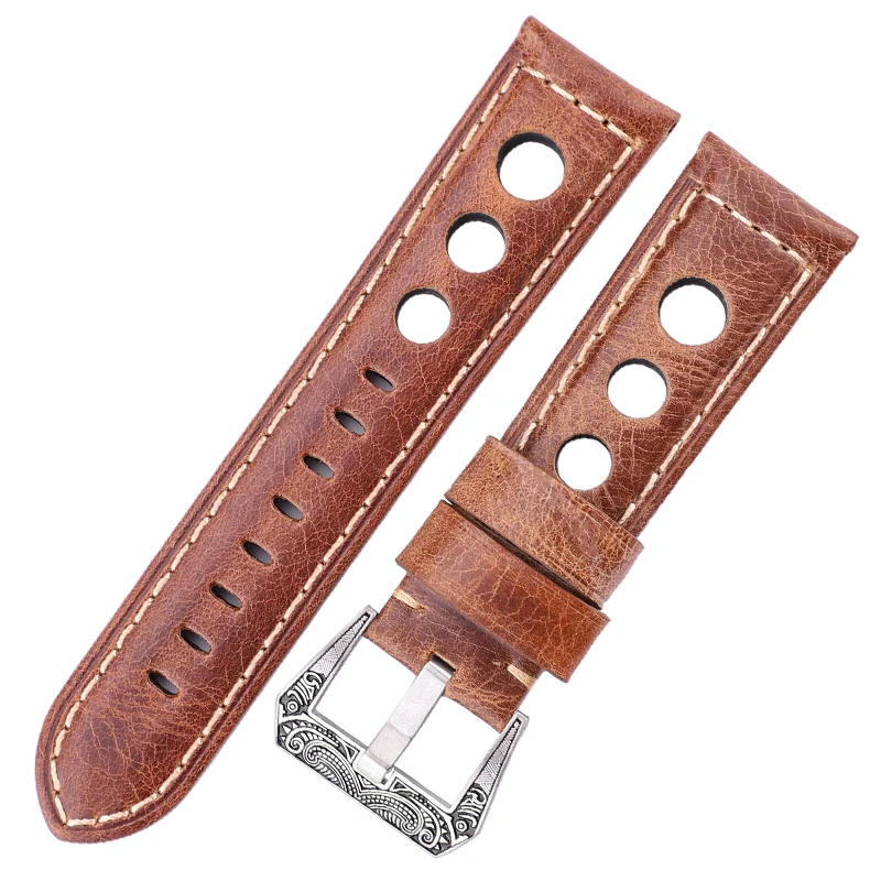 Oil Wax Genuine Leather Watchbands 22mm 24mm Dark Brown Women Men Cowhide Watch Band Strap Belt With Black Pin Buckle