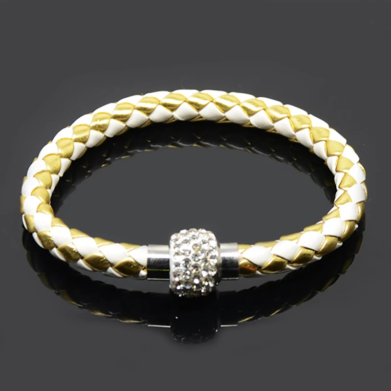 Fashion Colorful Crystal Magnetic Clasp PU Leather Bracelet Women Men Jewelry