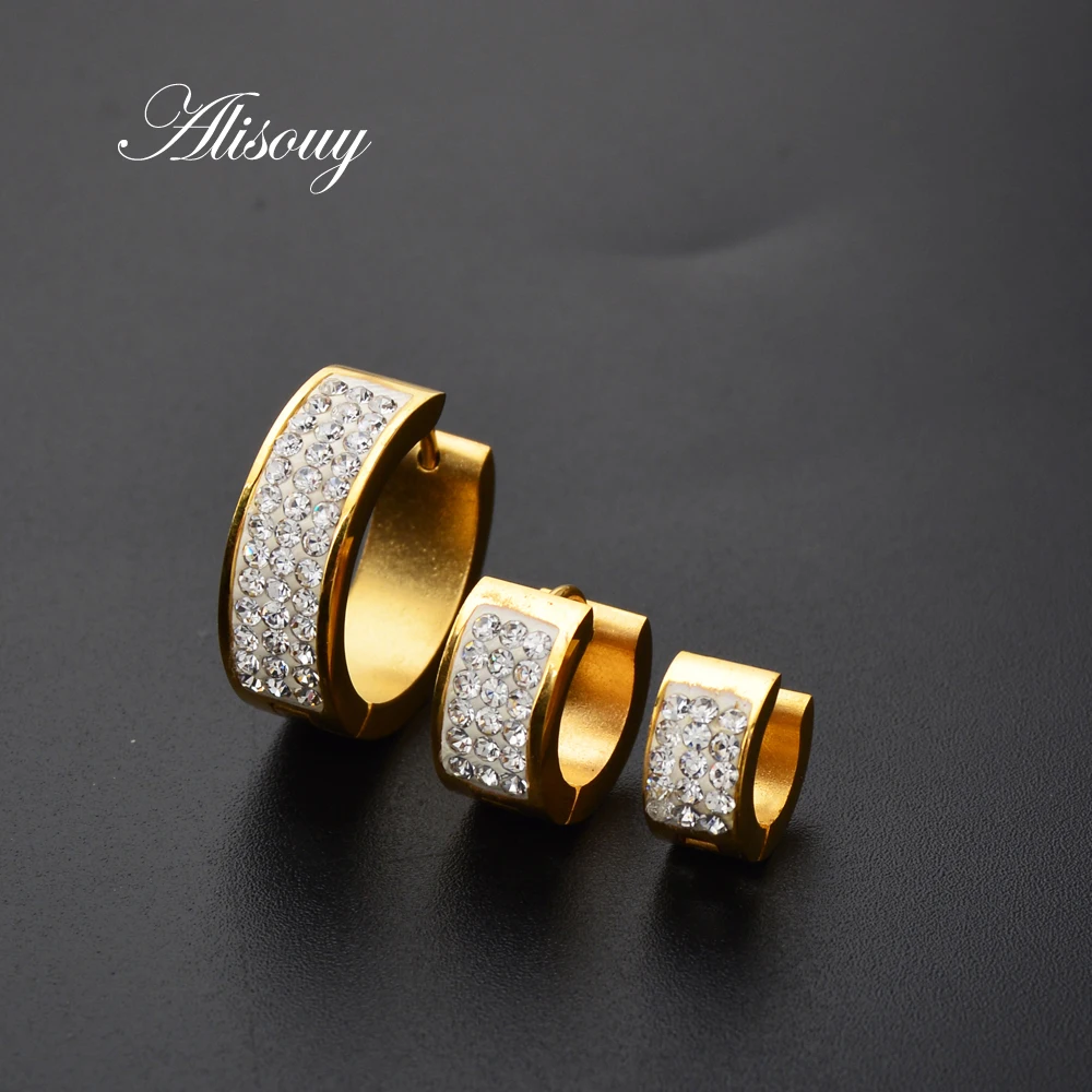 Alisouy 1 Pair Punk Men Women Stainless Steel Hoop Earrings With Crystal CZ Gold  color Round Hoop Huggie Earrings 6*7 6*9 6*16