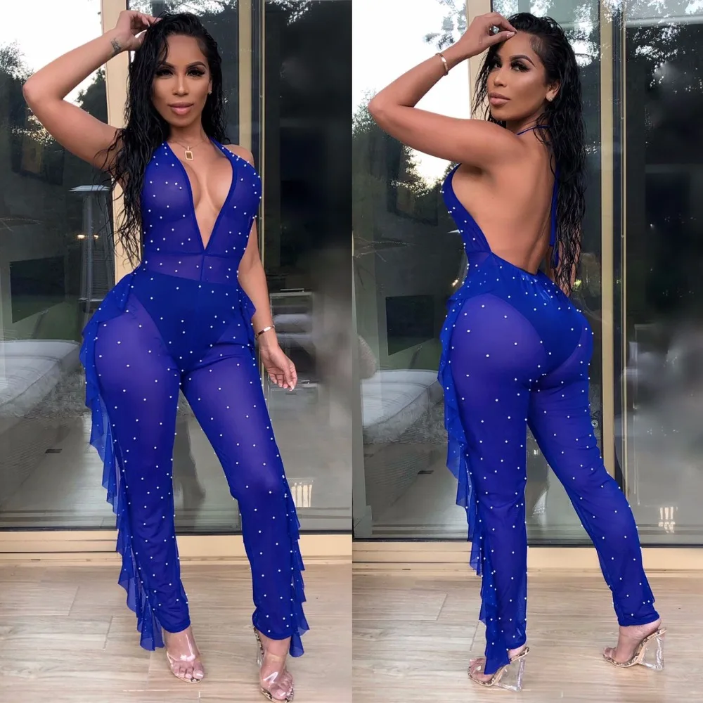 BKLD Pearl Beading Sheer Mesh Jumpsuit Women Sexy Halter Backless Ruffles Long Pants Rompers Womens Jumpsuit Night Clubwear