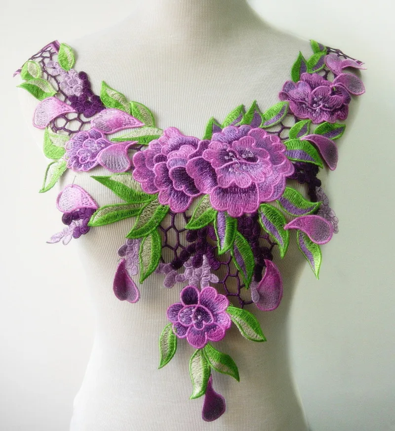 2piece Purple Tone Lace Multicolours Floral Embroidered Peony Collar Neck Venise Applique Trimming Sewing Accessories T1335