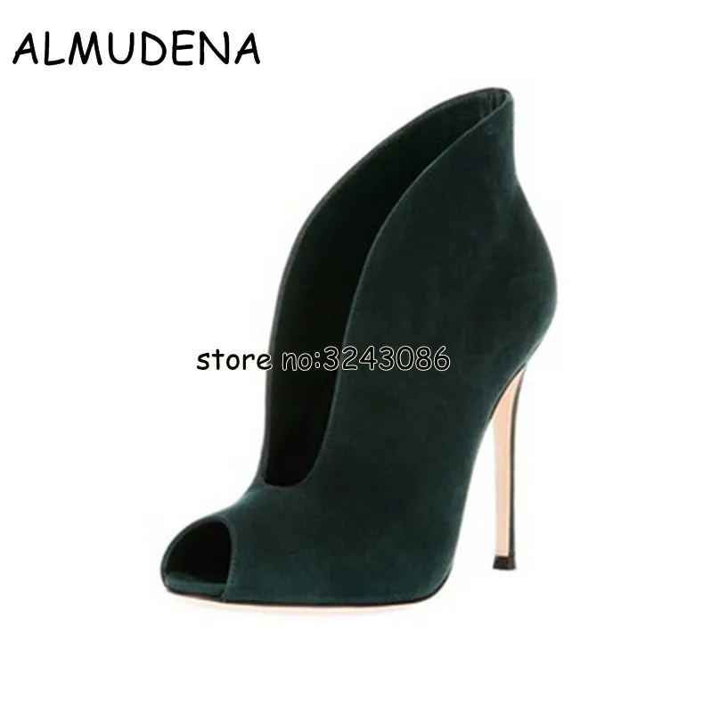 Newest Suede Velvet Leather Women Peep Toe Ankle Booties Deep V Front Ladies High Heels Slip On Fashion Dress Shoes Women Pumps