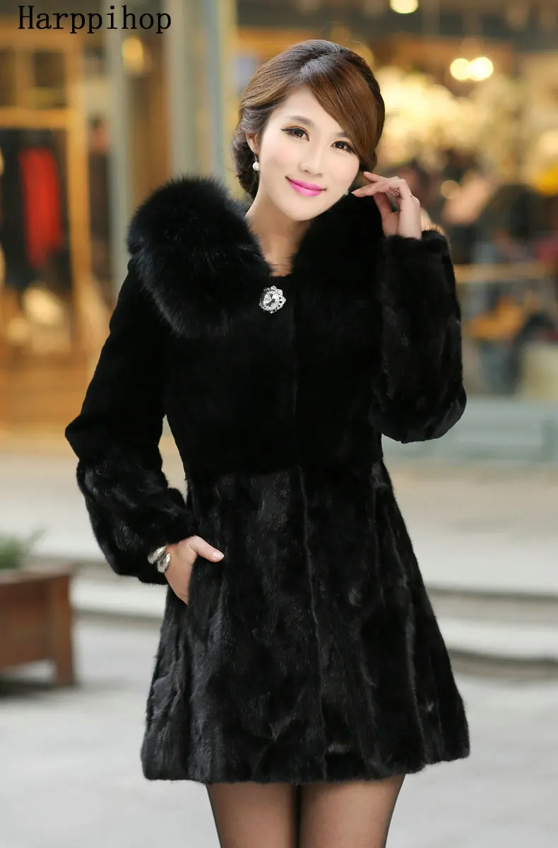 2019 Newest Women Genuine Mink Fur Coat with Rex Rabbit Fur and Fox Fur Hoody Female Winter Warm Outerwear Plus Size