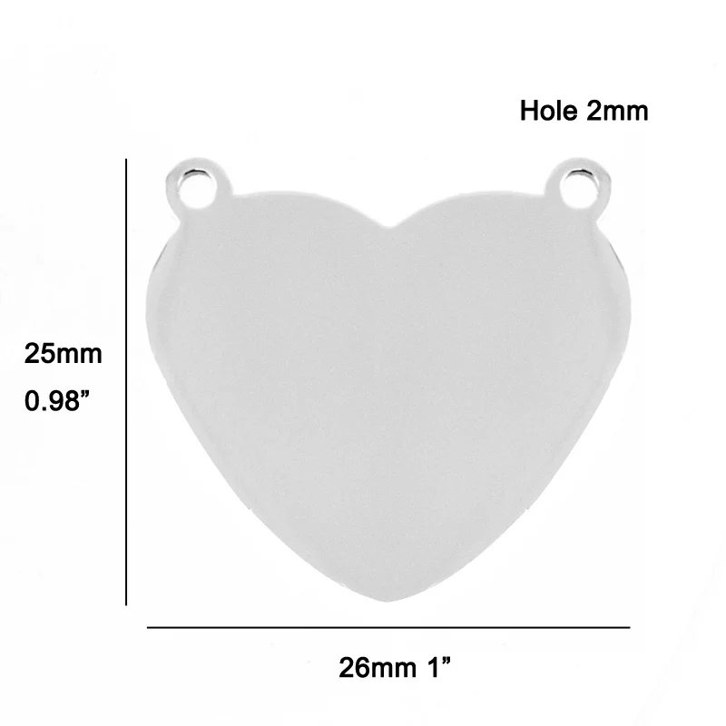 Risul Heart Charm with 2 bail holes female Necklace pendant blank for DIY print Mirror polish Stainless steel wholesale 50pcs