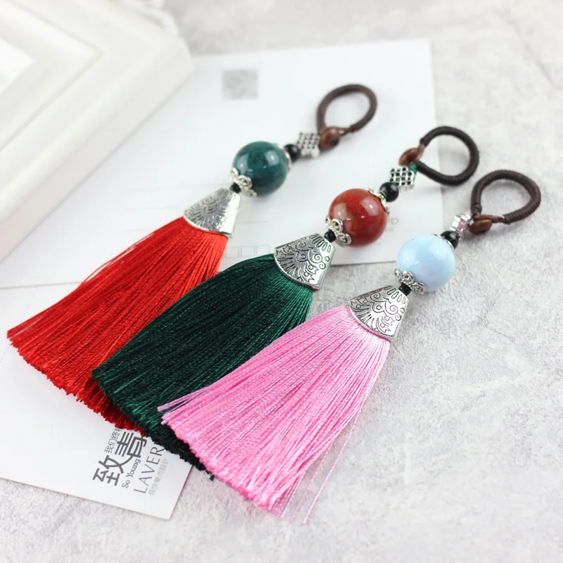 Chinese Style Ethnic Ceramic Stone Tassel Keychain Women Key Ring Vintage Handmade Weave Tassel Bag Car Key Holder Jewelry Gift