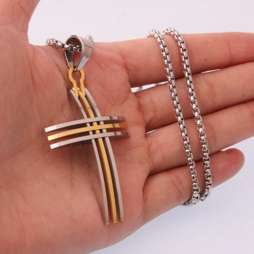 New Arrive Classic Stainless Steel Silver Color/Gold/Black Cross Crucifix New Pendant Men\'s Necklace Chain 24\