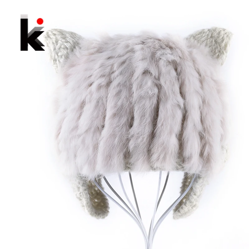 Autumn Winter Women's Knitted Caps Cute Rabbit Fur beanie Hats With Ears Family Matching Outfits Women Hat Knitting Earflaps Cap