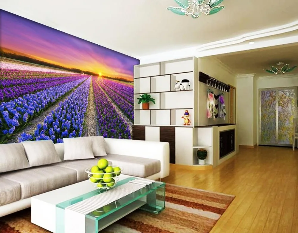 

Custom 3D Mural Wallpaper TV Backdrop Sunrise landscape lavender flower fields 3d Photo Wallpaper