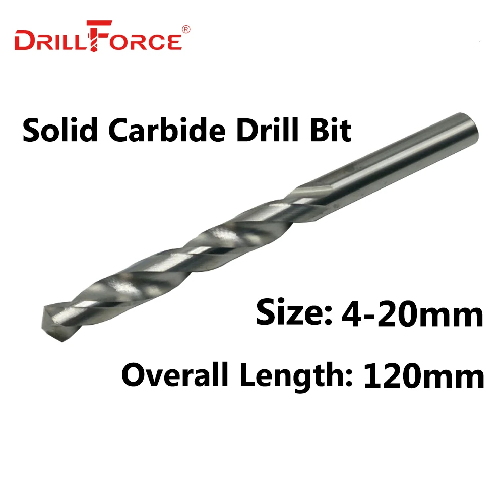 Drillforce 1PC 4mm-20mmx120mm OAL Solid Carbide Drill Bits Set, Bright Round Shank, Spiral Flute Twist Drill Bit For Metal