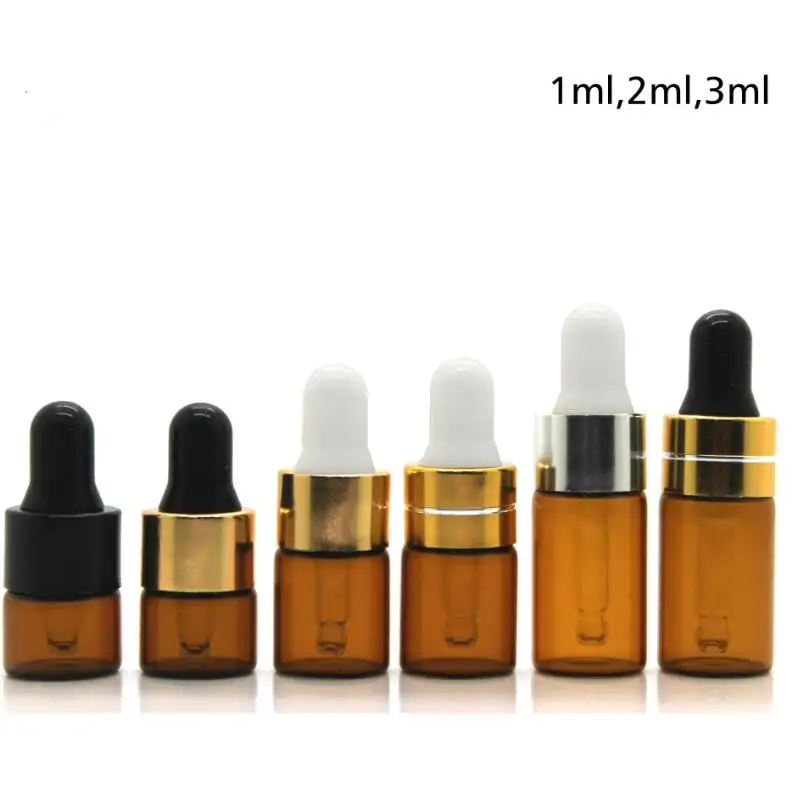 2017 New 1ML 2ML 3ML Brown Glass Dropper Bottle with Pipette, Small Empty Essential Oil Bottle