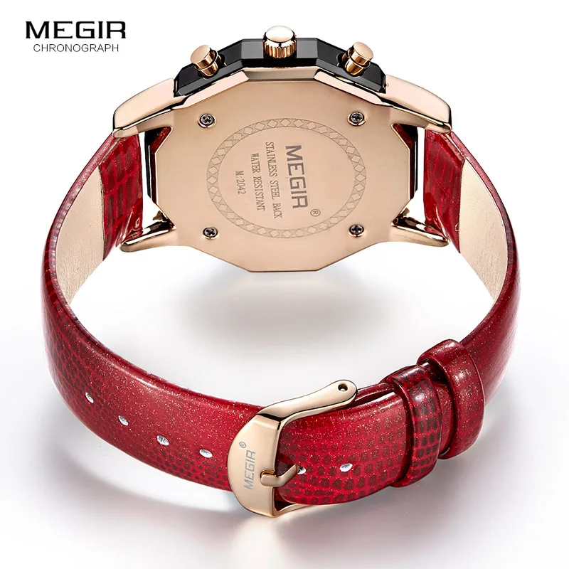 Megir Fashion Quartz Watch Women Luxury Chronograph Wrist Watch Lady Red Genuine Leather Strap Waterproof Relogio Femininos 2042