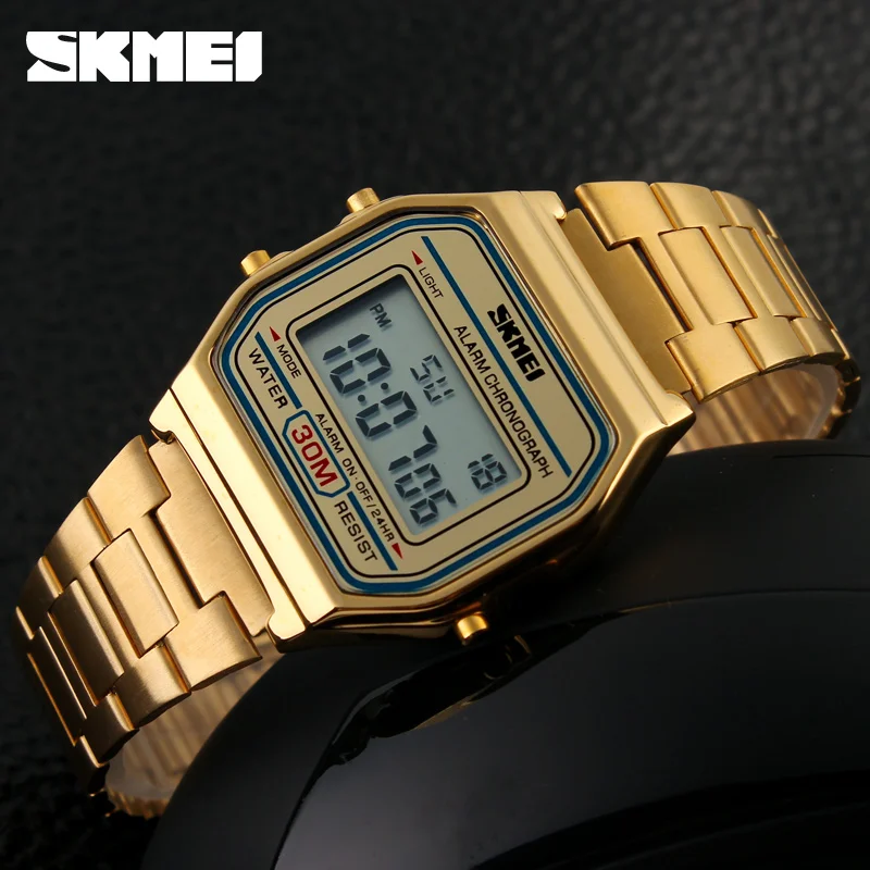 SKMEI Men Stainless Steel Strap LED Display Watches Fashion Casual Sport Watch 3Bar Waterproof Digital Watch reloj hombre