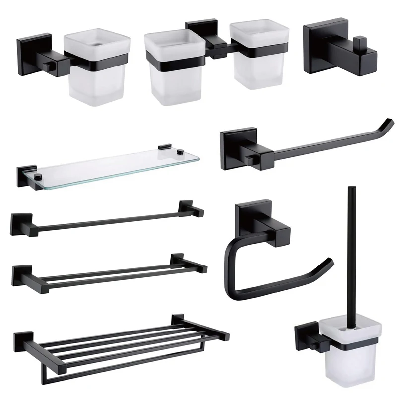 SUS 304 Stainless Steel Bathroom Hardware Set Matte Black Towel Ring Paper Holder Robe Hook Towel Bar Shelf Bath Accessories