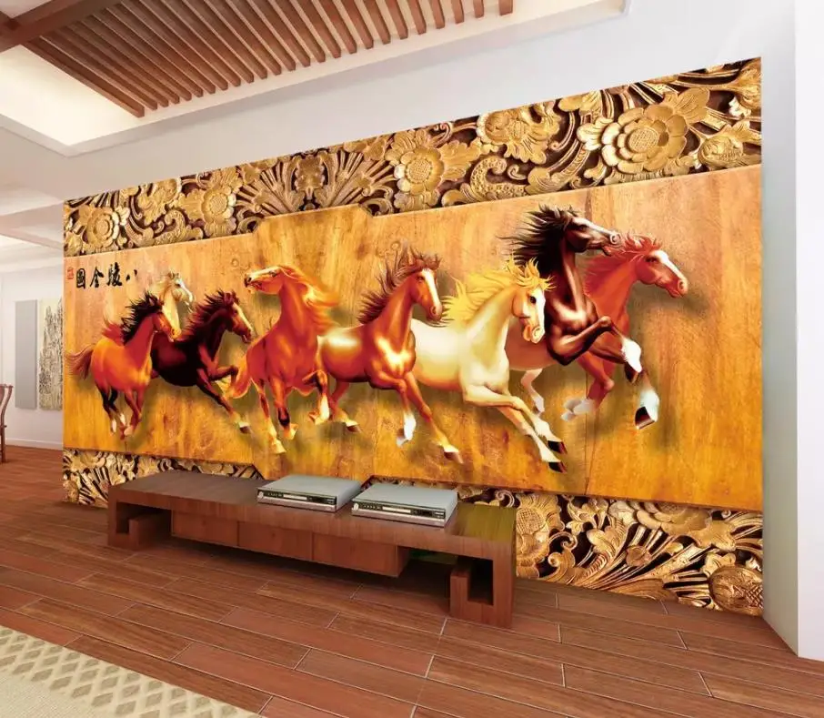 

Custom Wall Mural Modern Art Painting Mural Wallpaper Eight Horses 3D Wood Carving Wallpaper 3d Mural For Living Room