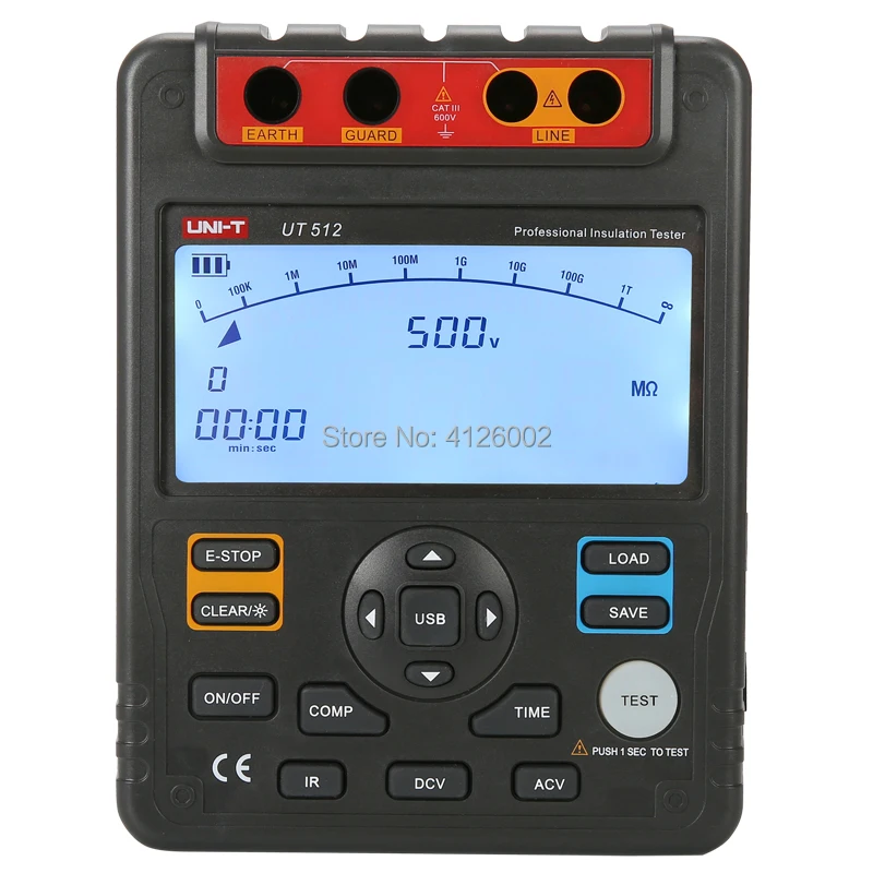 UNI-T UT512 Portable 2500V Digital Insulation Resistance Tester; PI/DAR measurements/data storage