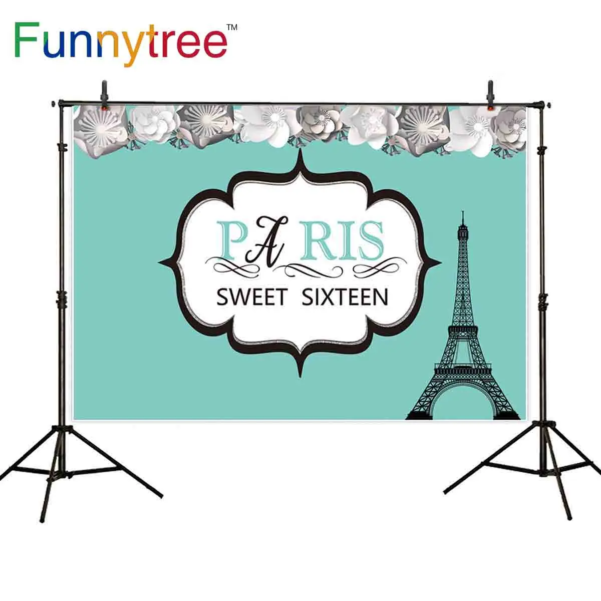 Funnytree sixteen birthday photography backdrop Paris Eiffel Tower frame flowers party background for photographic photocall