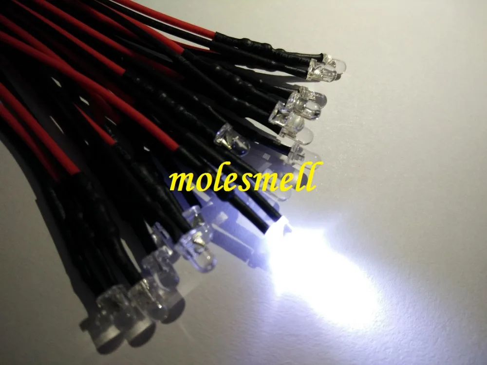 1000pcs 3mm 12v water clear White round LED Lamp Light Set Pre-Wired 3mm 12V DC Wired