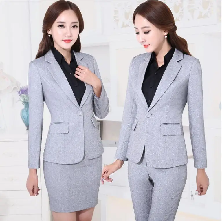 Women Office Uniform Pant Suits Business Formal Grey OL Work Cloth Spring Fashion