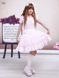 Middle-Long Dress XS-XXL Ainclu Womens Cotton Pink Lace Short Sleeves Sweet Cute Cosplay A-line Lolita Dress Free Shipping