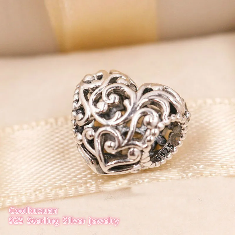 Autumn 100% 925 Sterling Silver Regal Heart Charm beads Fit Original Pandora Charms Bracelet DIY jewelry