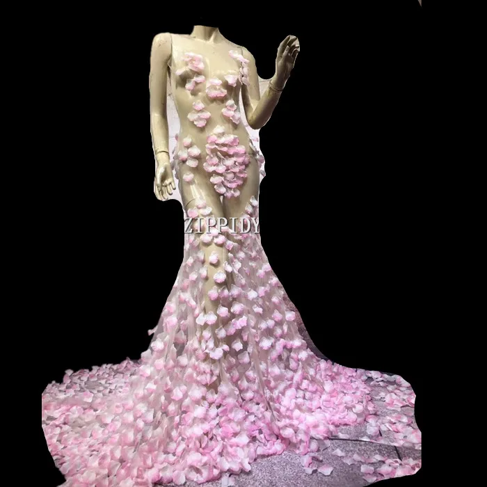 Sexy Pink Flower Dress Costume One-piece Evening Long Tail Dress Celebrate Party Wear Singer Stage Performance Clothing