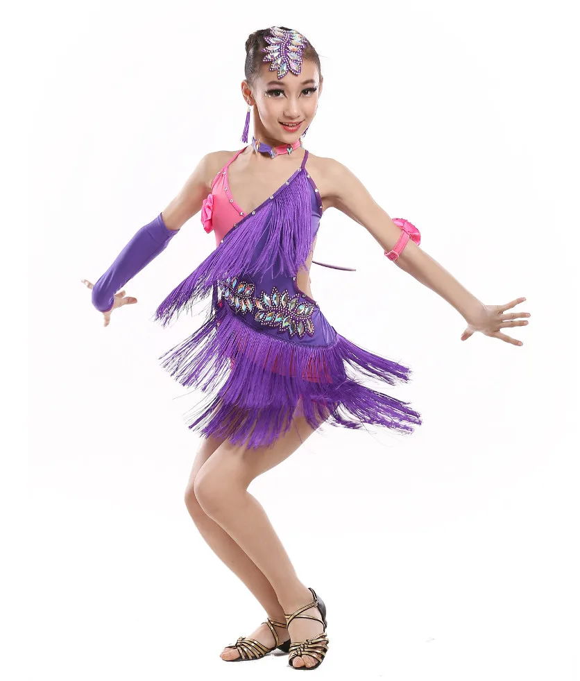 2017 New Children Latin Dance Dress for Kids Performance Wear Latin Sequin Tassel Fringed Dance Costume Girls Skirts with Gloves