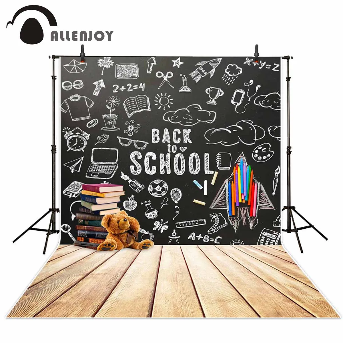 Allenjoy photography Back to school backdrops blackboard pencil book toy bear photo background studio prop photophone photocall